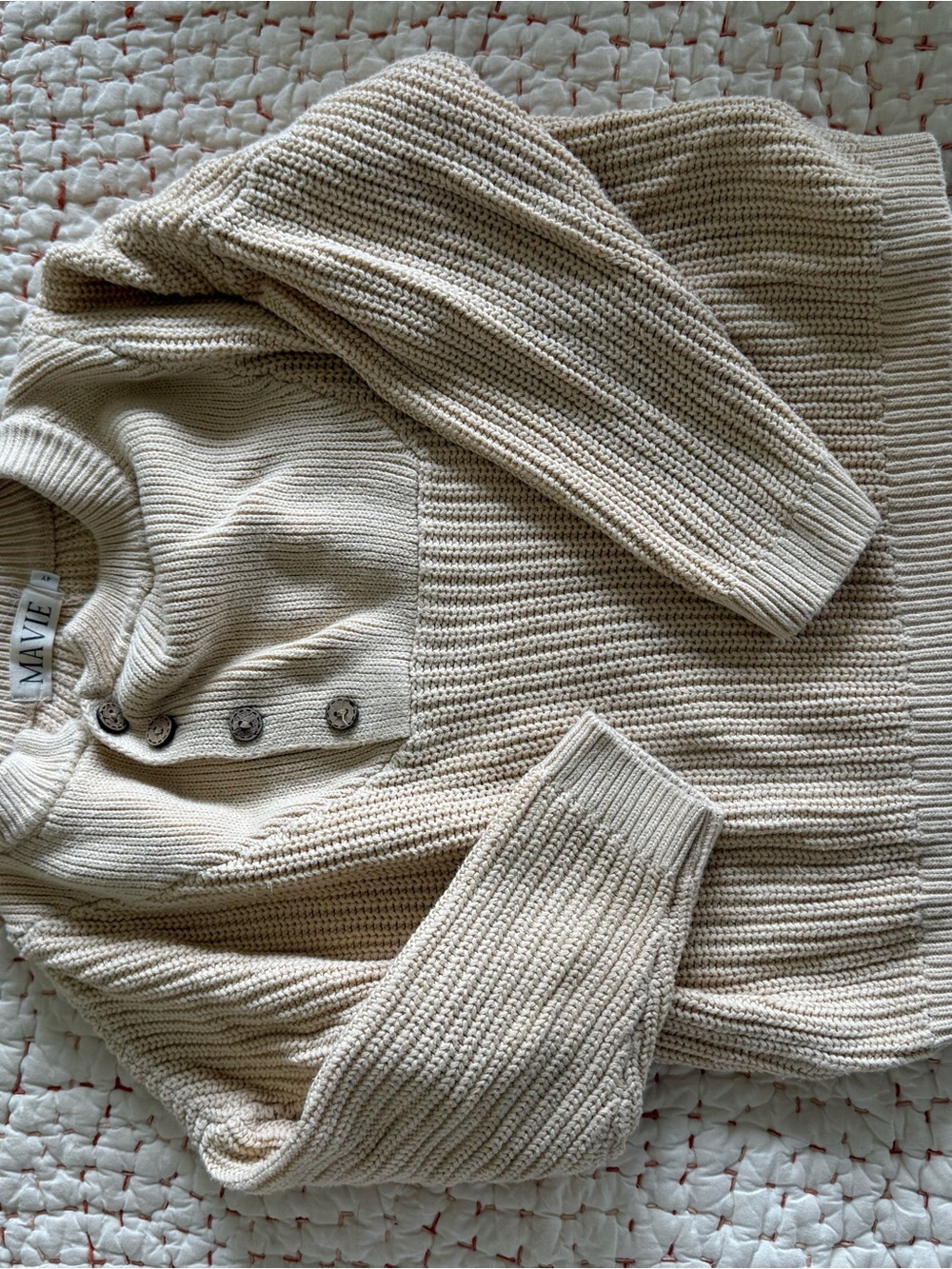 Cream Ribbed Button-Detail Sweater for Kids